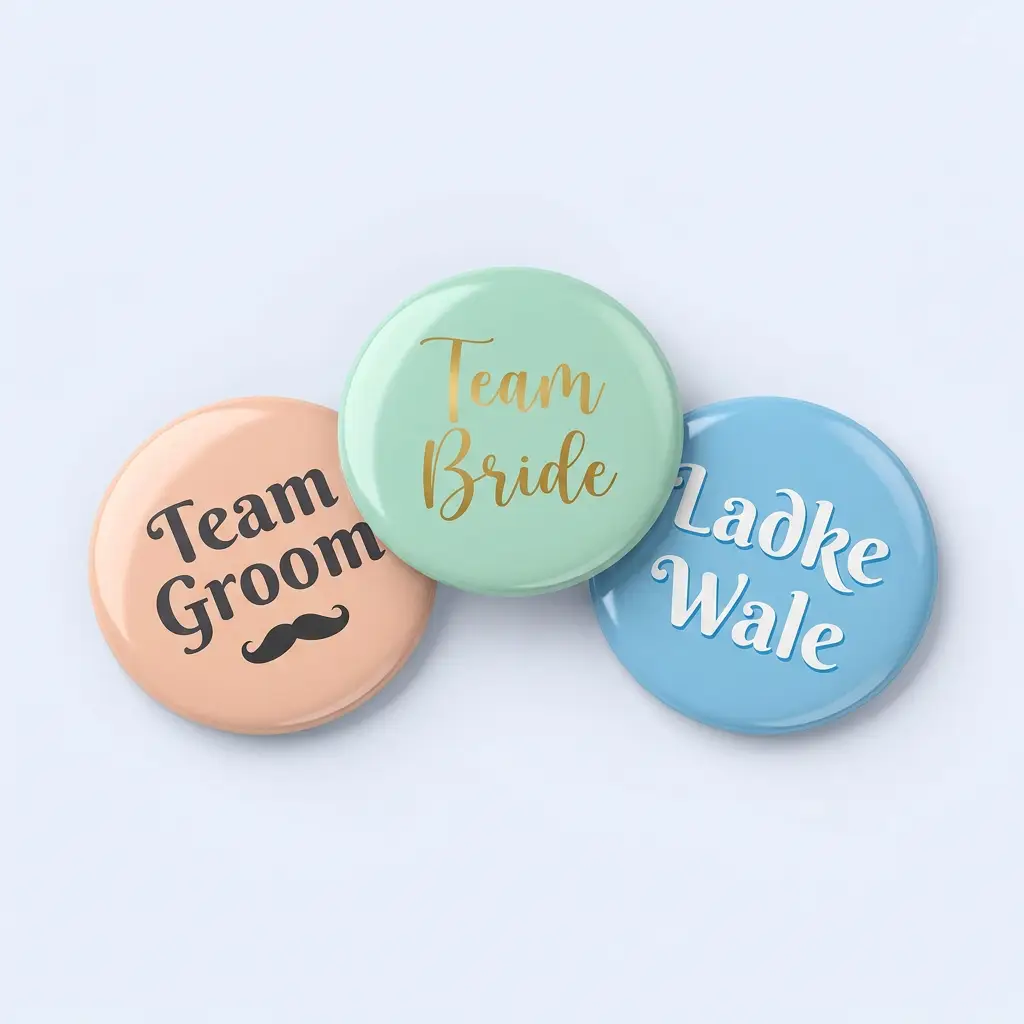 Three pastel wedding button badges: mint Team Bride, peach Team Groom and blue Ladke Wale